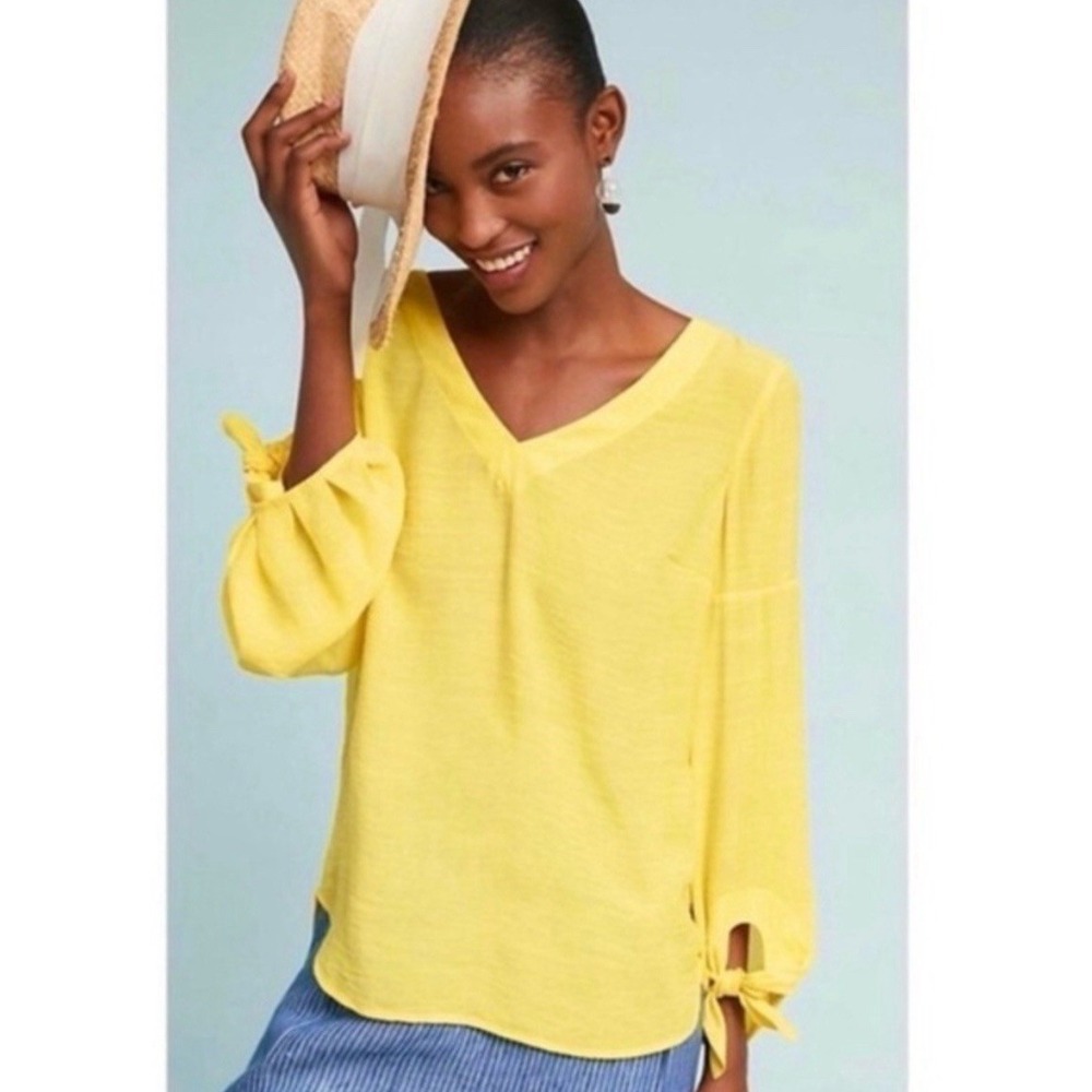 Maeve Anthropologie Women's Verona Yellow Top Tie Cuffs Puff Sleeves Size Small‎